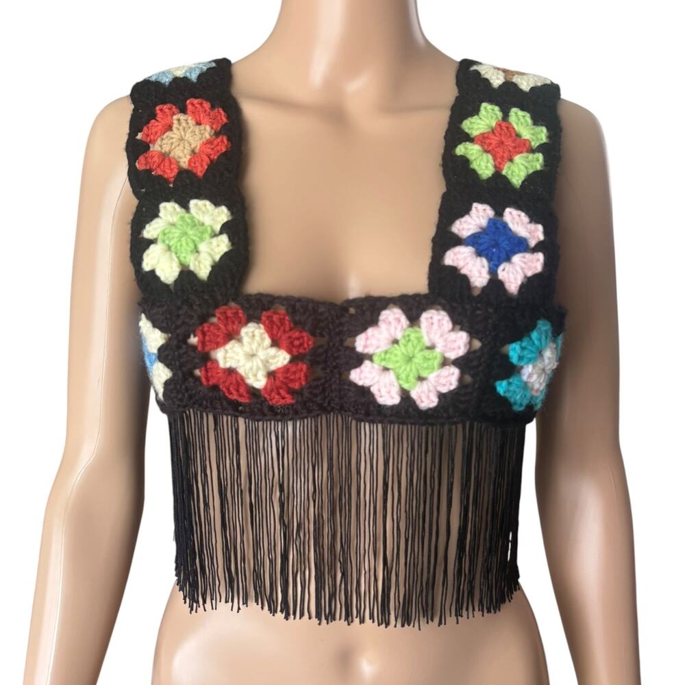 Upcycled Crochet Granny Square Floral Festival Set Fringe Ibiza Boho S/M Multi - Picture 2 of 10